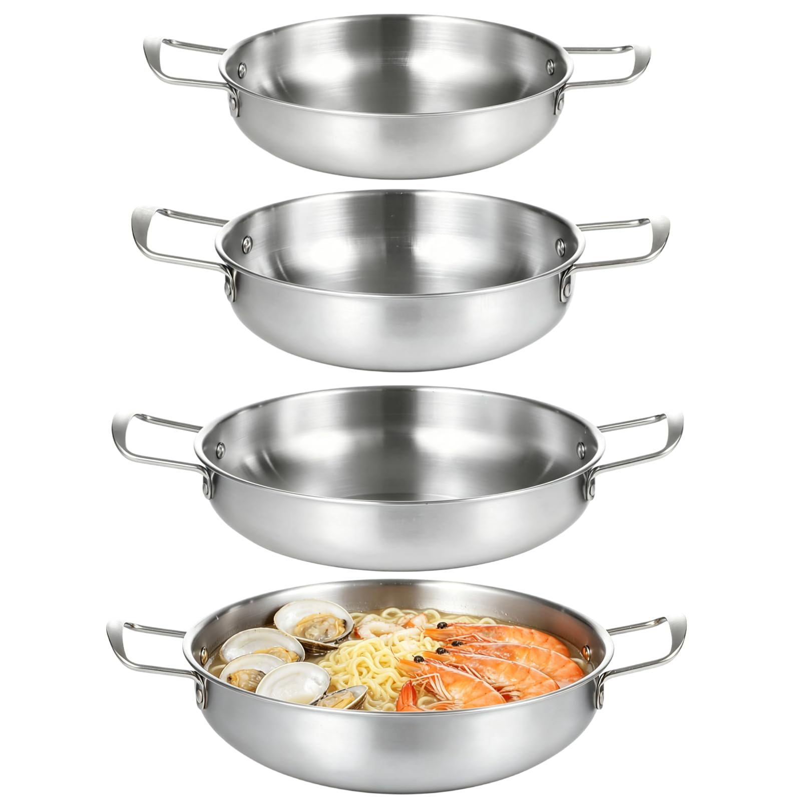 4 Stk Koreanische Ramen Töpfe Set, Nudeltopf aus Edelstahl mit Doppelgriff, flacher Boden, 21,3 bis 27,2 cm Durchmesser, für Nudeln, Pasta, Suppe und koreanisches Kochen