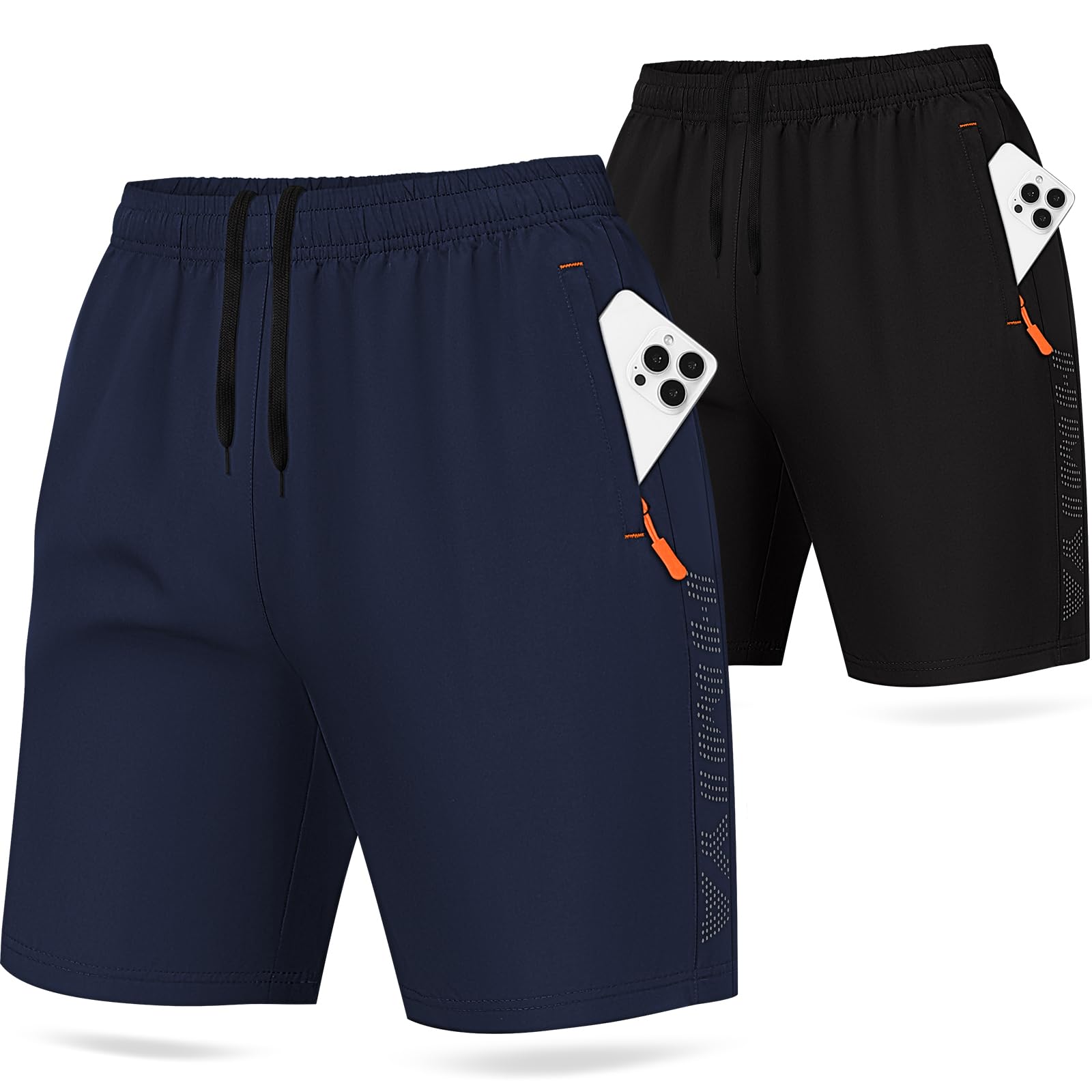 HMIYA 2er Pack Sporthose Herren Kurz Sport Shorts Sommer Laufhose Trainingshose mit Reißverschlusstasch