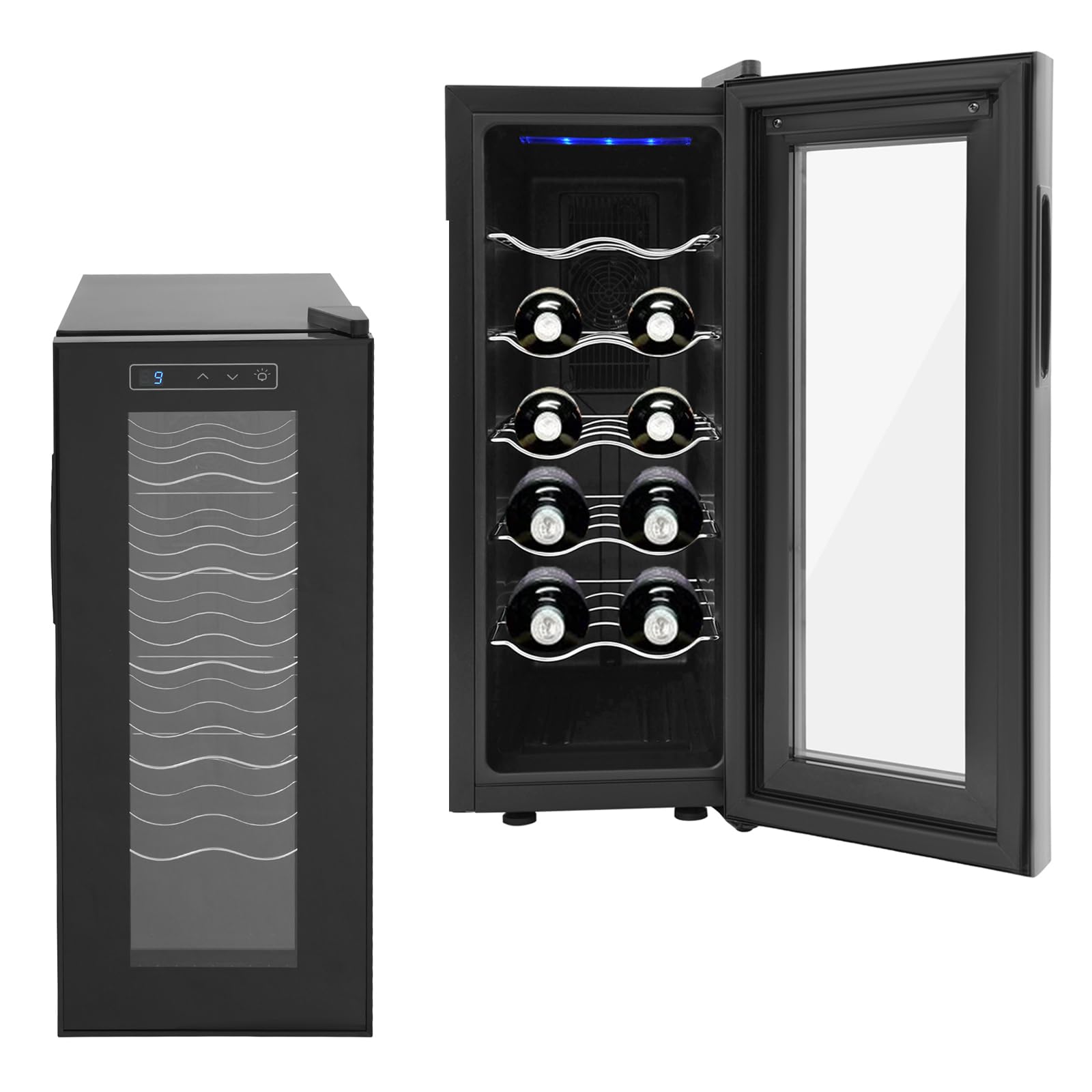 Frigorifero per vino con 12 bottiglie, 33 litri, illuminazione a LED, per vino, mini frigo e vino, con porta in vetro