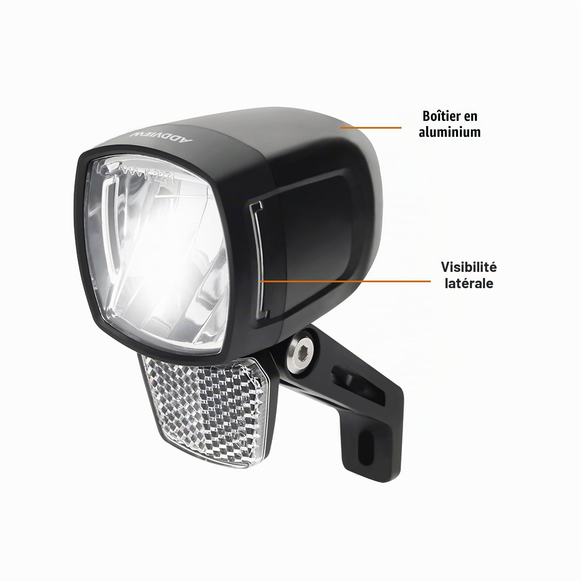 ADDVIEW Phare avant pour vélo électrique Marteau E170 - 170 lux - Lampe LED de vélo - Certifié StVZO et ECE - Boîtier en aluminium/ABS - Étanche IP65 - DC 8-48 V - Feu latéral - Pour vélos électriques