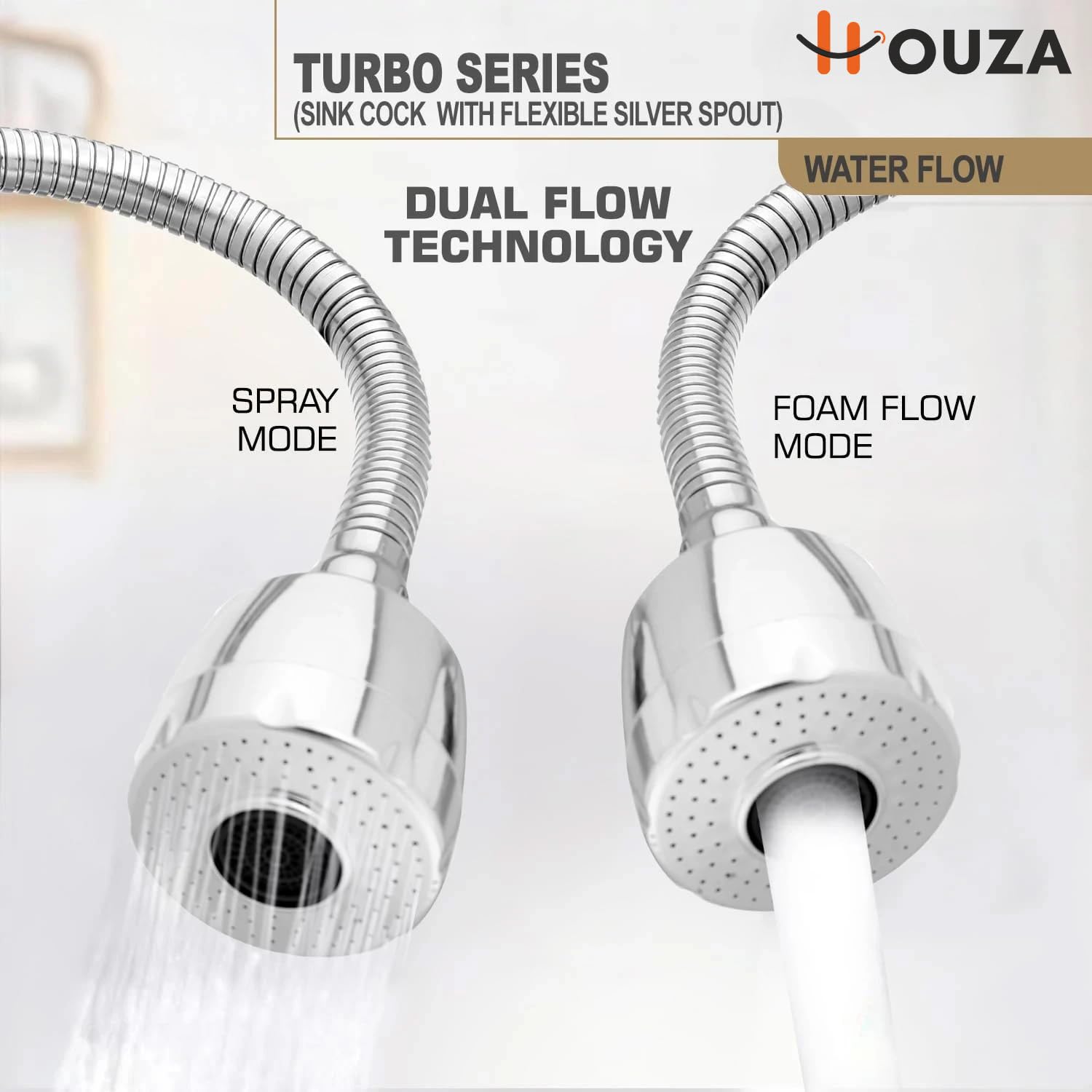 HOUZA Brass Kitchen Sink Tap Faucet with Pull Down Sprayer| Kitchen Tap with 360 Degree Flexible Swivel Spout | Water Saving Aerated Dual Flow Kitchen Faucet for Sink (Chrome Finish, Silver) 1