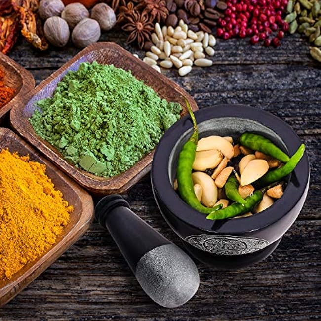 Mortar and Pestle, Made of Heavy Duty Polished Hard Stone, Natural Stone Grinder for Spices, Pastes, Herbs, Seasoning etc. (Black with Engraving)