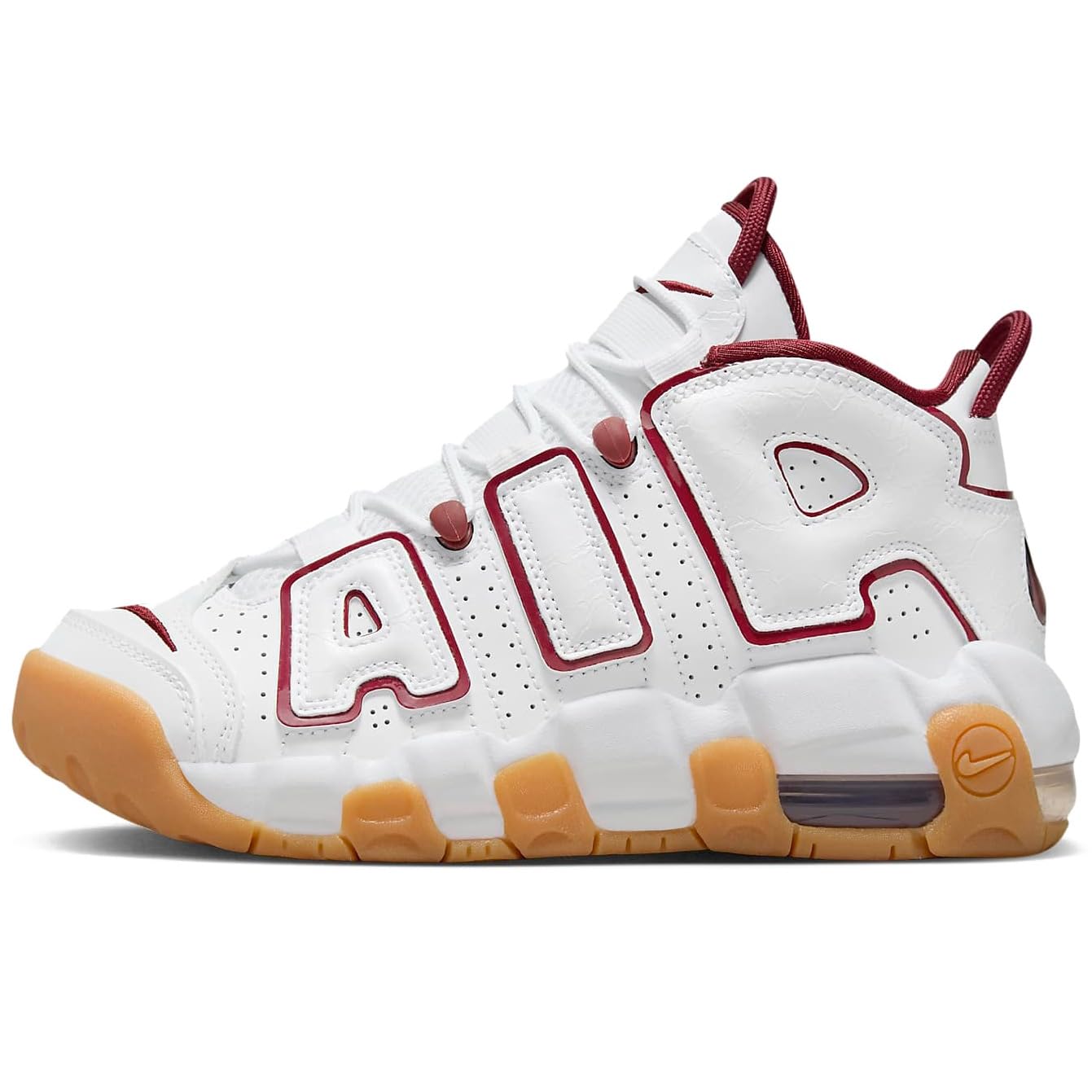 NikeAir More Uptempo Big Kids' Shoes (FJ2846-100, White/Gum Light  Brown/Team Red) Size