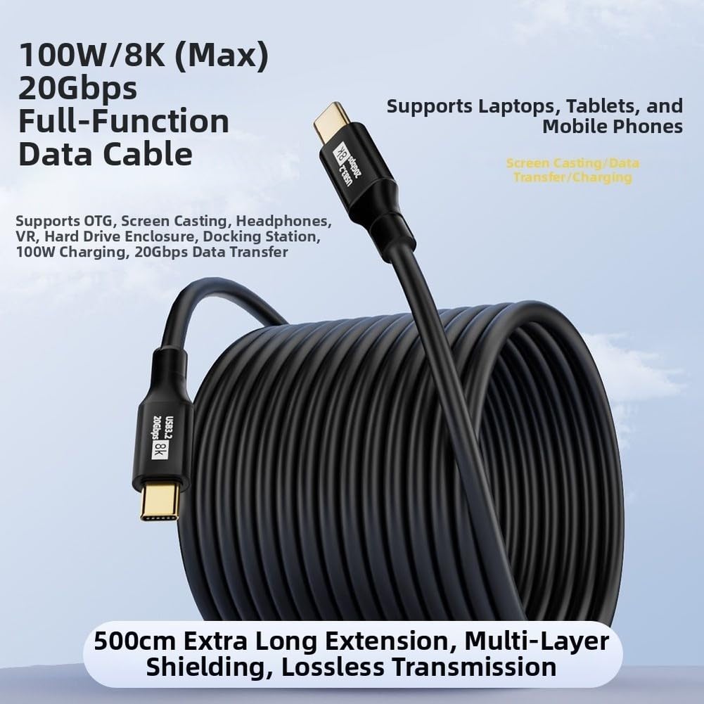 Cavo di ricarica USB C in nylon, 5 m, robusto per telefono cellulare (5 m (due pezzi)) | Ricarica rapida da 100 W, trasferimento dati da 20 Gbps, portata di 5 m, materiale in PVC, nero