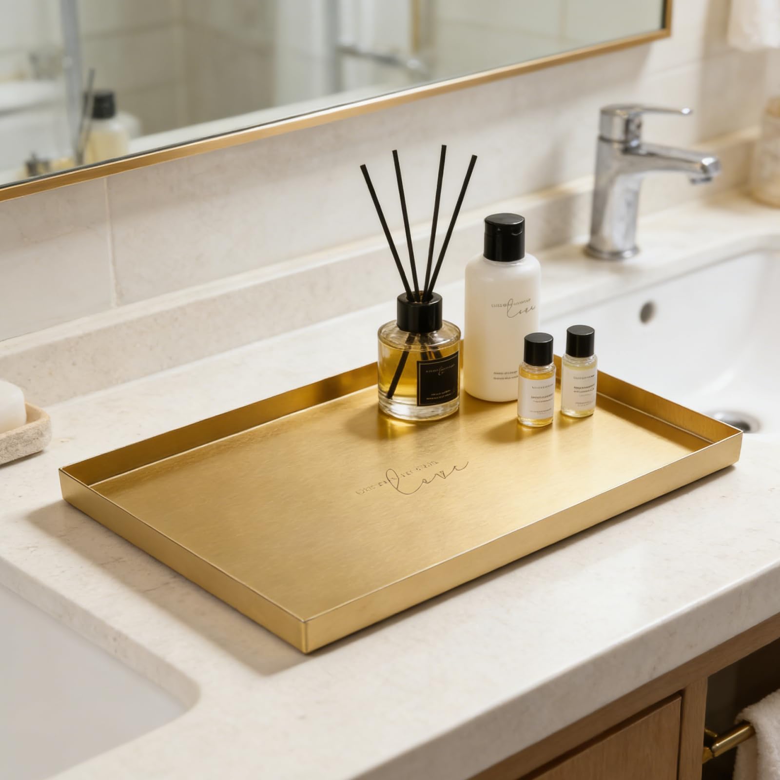 Vassoio Bagno Portaoggetti Impermeabile, 30x20cm Oro Vassoio Decorativo Rettangolare Grande, Acciaio Inox Vassoi Portaoggetti Per Vanità,Comò, Ingresso, Bagno, Vasca, Gioielli,Cosmetici,Candele