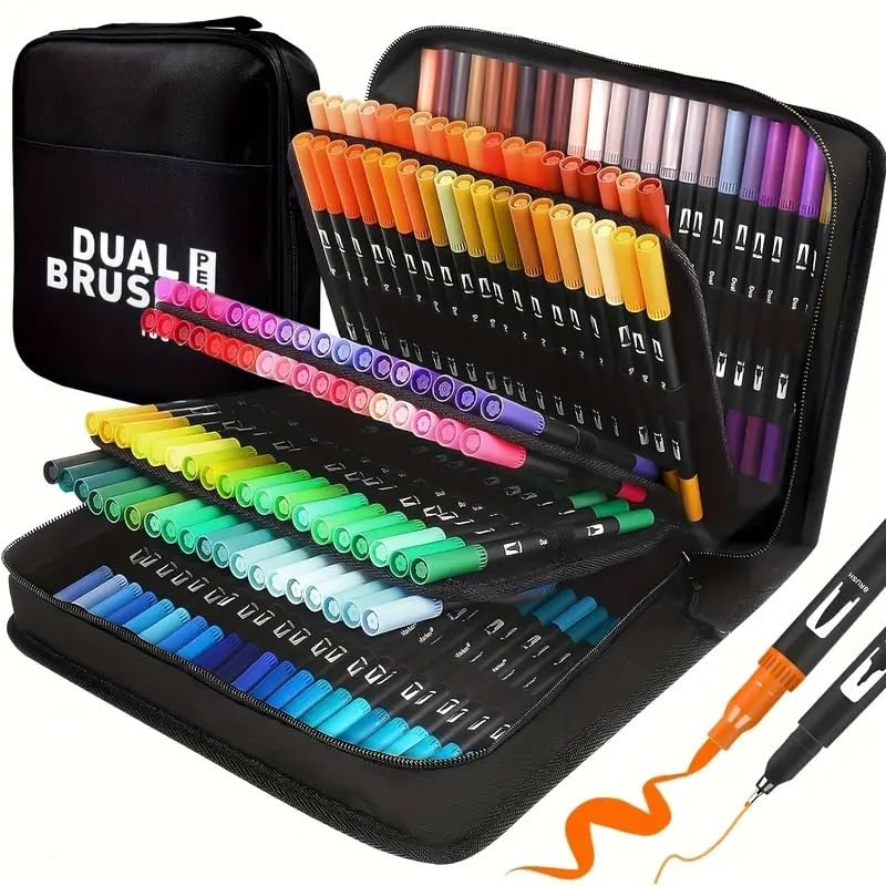 - Dual Brush Pens Set with 100 Vibrant Colors & Zipper Case | Dual Tip Brush & Fine Liner Markers for Drawing, Coloring, Calligraphy, Journaling & DIY Crafts | Non-Toxic, Water-Based