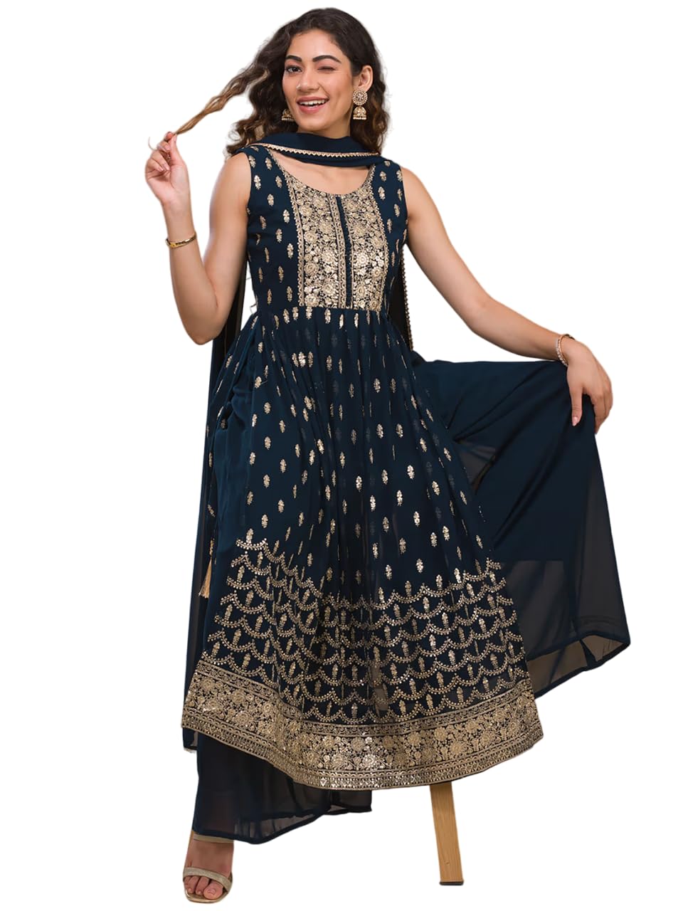 Xomantic Fashion Rani Pink Zariwork Georgette Readymade Salwar Suit (Large, Blue)