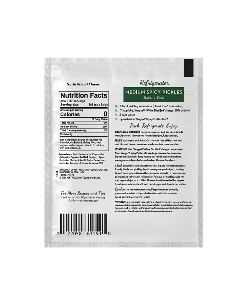 Mrs. Wages Medium Spicy Pickles Refrigerator Pickle Mix | Quick and Easy | Simple-To-Use | Simple Homemade Pickles | Flavorful Spice | 1.85 oz Packet (Value Pack of 12)