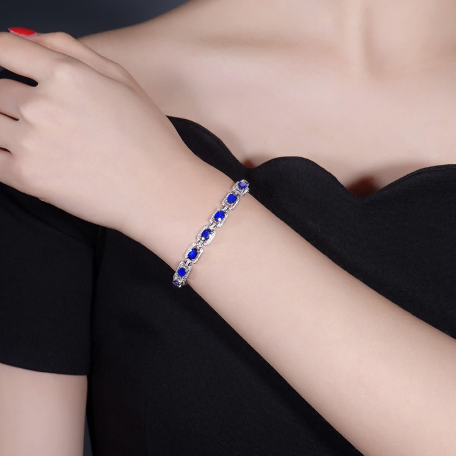 Pulseras de Mujer de Oro Blanco de 9Kilates / 14Kilates / 18Kilates, Rectángulo Oval con Zafiro Creado de 2,33 ct y Diamante, Cadena 16 CM, Pulseras de Cadena Plata Azul Verde Mujer