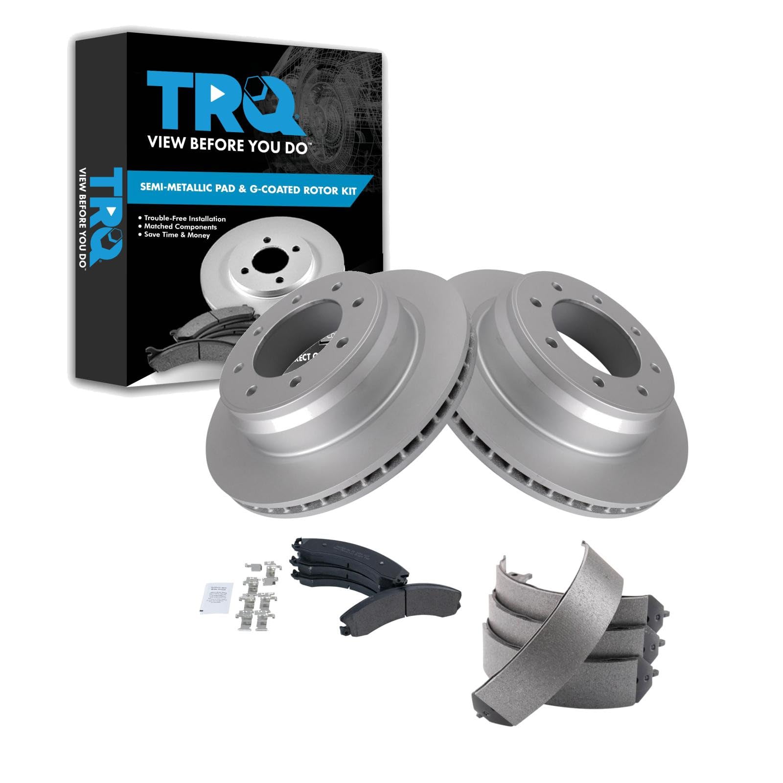 TRQ Rear Brake Pad and Rotor Set Semi Metallic Coated Rotors Parking Shoe Compatible with 2012-2019 Nissan NV1500 2012-2019 NV2500 2012-2019 NV3500