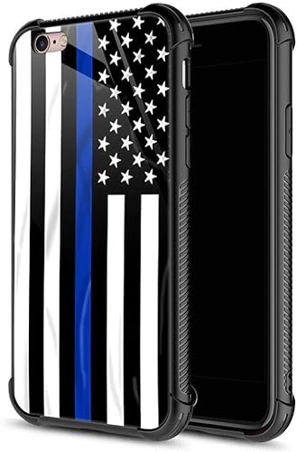 Funda para iPhone 6s, diseño de bandera estadounidense de línea azul para iPhone 6, parte trasera de vidrio templado+funda protectora de TPU de