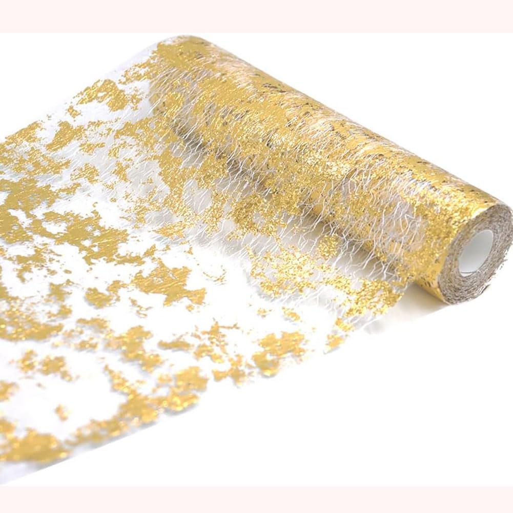 30M Gold Table Runner, 28cm Metallic Foil Table Runner Tulle Roll, Gift Floral DIY Wrapping Ribbon For Birthday Party Wedding Christmas Table Decoration