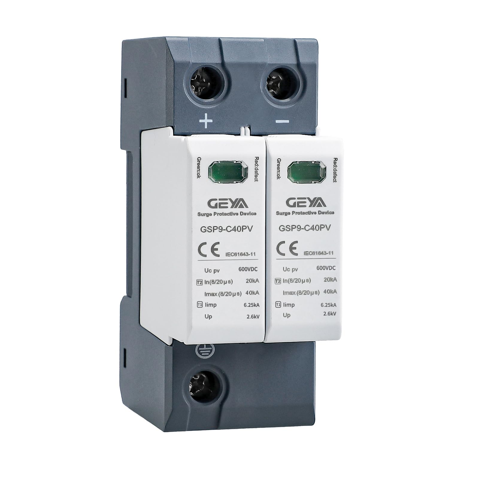 GEYA Solar PV Low Voltage Surge Protection DIN Rail 20KA-40KA Surge Arrester Lightning Protection DC (2P, DC600V)