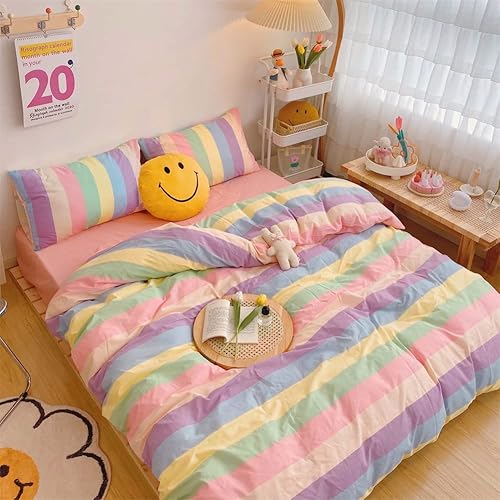 Miniatura 2 de Koudi Juego de funda de edredón de rayas arco iris, juego de ropa de cama reversible de microfibra colorida con lazos de cremallera para niñas