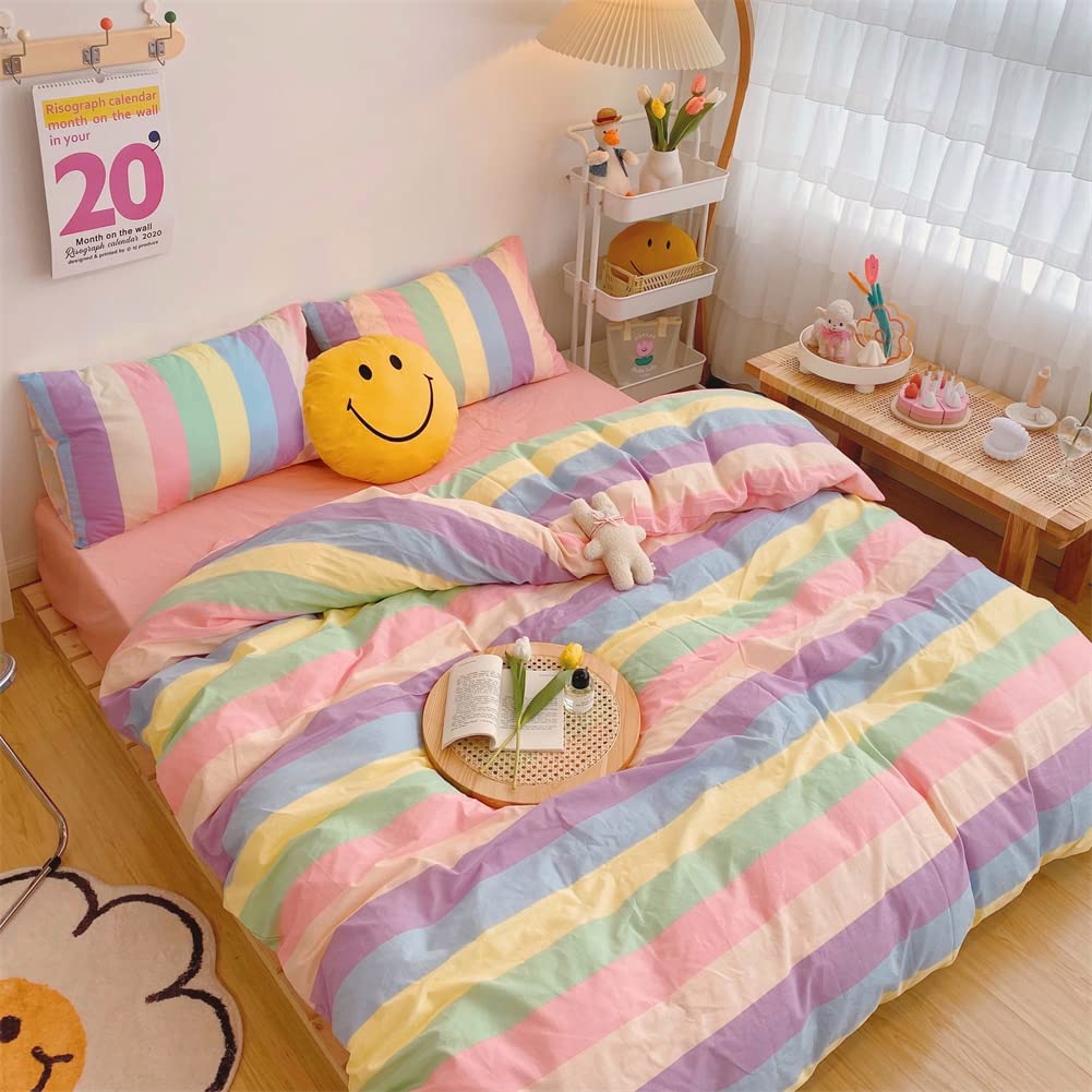 Koudi Ropa de cama infantil de 140 x 200 cm, multicolor con diseño de rayas arcoíris, funda nórdica con cremallera y funda de almohada de 70 x 90 cm