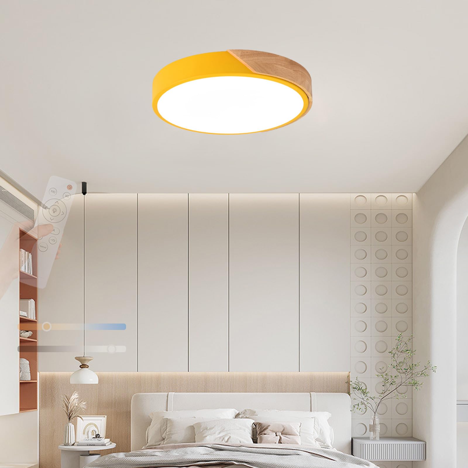 TZSMUM LED Wood Ceiling Light Dimmable 2700K-6500K Ceiling Lamp with Remote Control Ceiling Lights Flush Mount Ceiling Lighting Modern Decorative for Living Room Kitchen Lounge (Yellow,50cm)