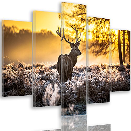 Feeby Frames, Tableau multi panneau 5 parties, Tableau imprimé xxl, Tableau imprimé sur toile, Tableau deco, Pentaptyque Type A, 100x200 cm, CERF, ANIMAUX, CORNES, FORÊT, NATURE