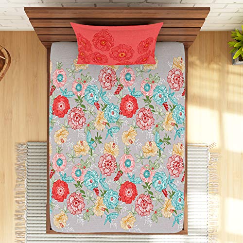 Image of Spaces Atrium Plus 210 TC 100% Cotton Single Bedsheet with 1 Pillow Cover (Floral, 60 inch X 88 inch Inches) - Grey