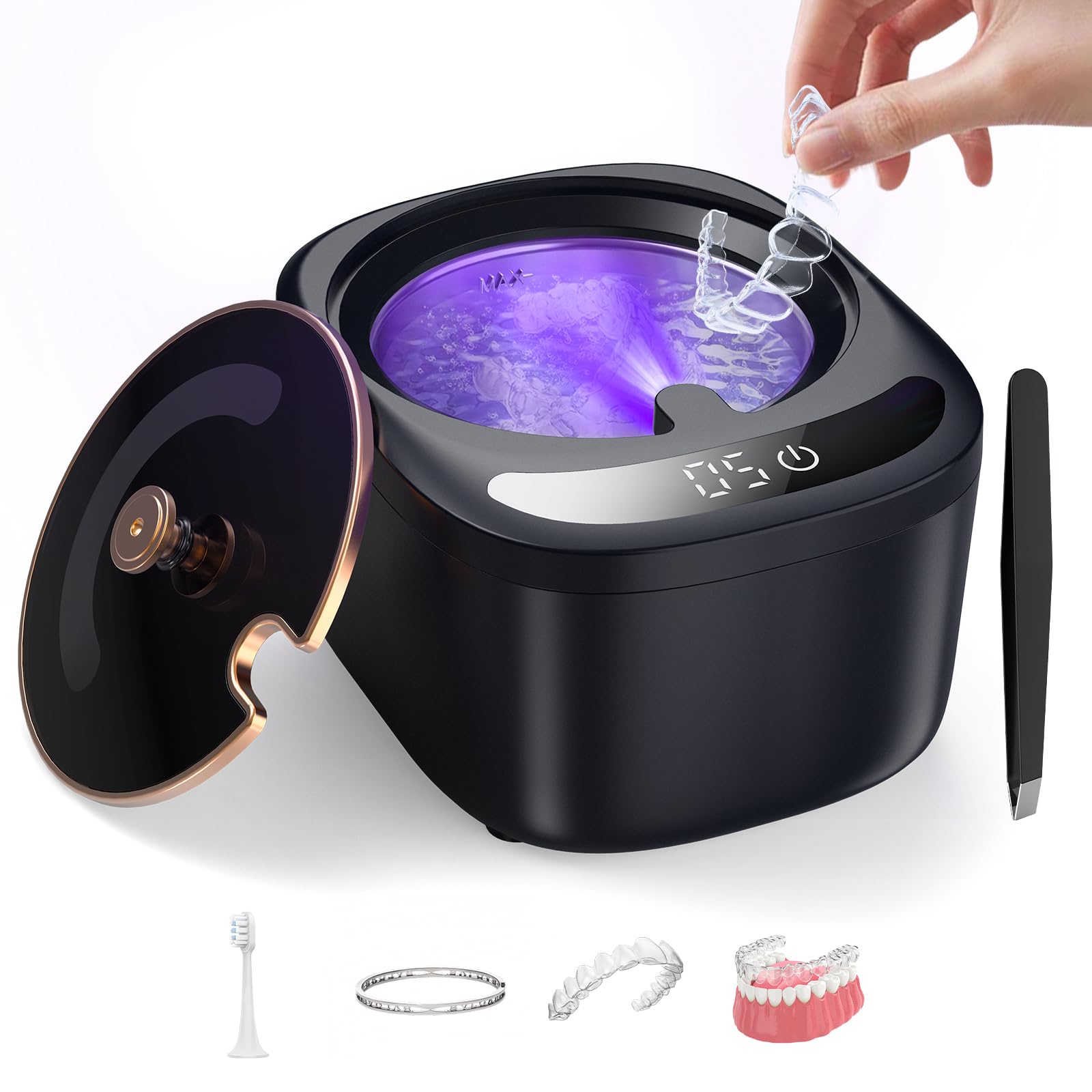 Nettoyeur Ultrasons, Nettoyeur Ultrason 45000Hz 230ml, Bac A Ultrason avec Lampe UV Pour Gouttières Dentaires, Aligneurs, Prothèses et Bijoux, pour Une Désinfection, Minuterie Totale 3/5/8 min