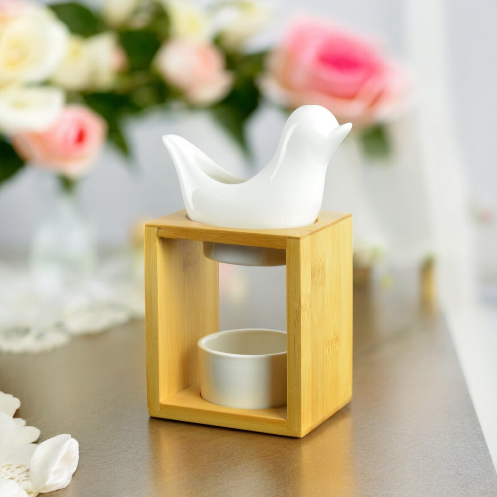 Palenie Birdy White Perfumy - Kromienny palnik woskowy - Dyfuzor olejków eterycznych i zapachów domowych - świecznik aromaterapia Drewniane i ceramiczne uchwyty na świece Wysokość: 13 cm - Zen'Aromat