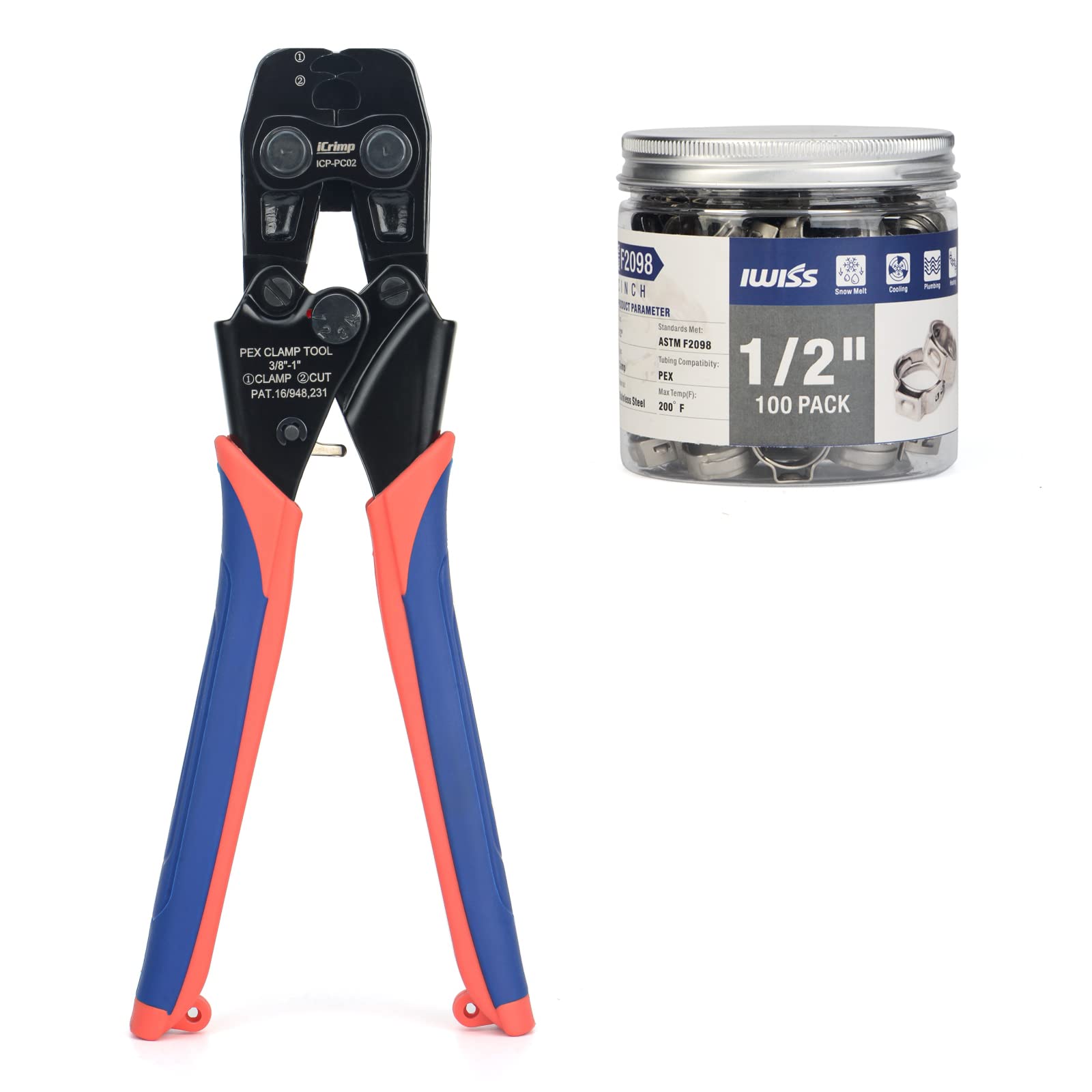 iCrimp ICP-PC02 F2098 PEX Clamp Tool for Pinching & Cutting Stainless Steel PEX Clamp Rings, 3/8" - 1", PEX Clamp Removal Tool with 100PCS 1/2" SS Clamp Rings