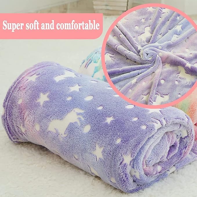 Image of Glow-in-The-Dark Polar Fleece Blanket for Kids - Soft Lightweight Single Bed Blanket (200x152 cm) | All-Season Jacquard Print, Assorted Multicolor - Unicorn Design (Purple)