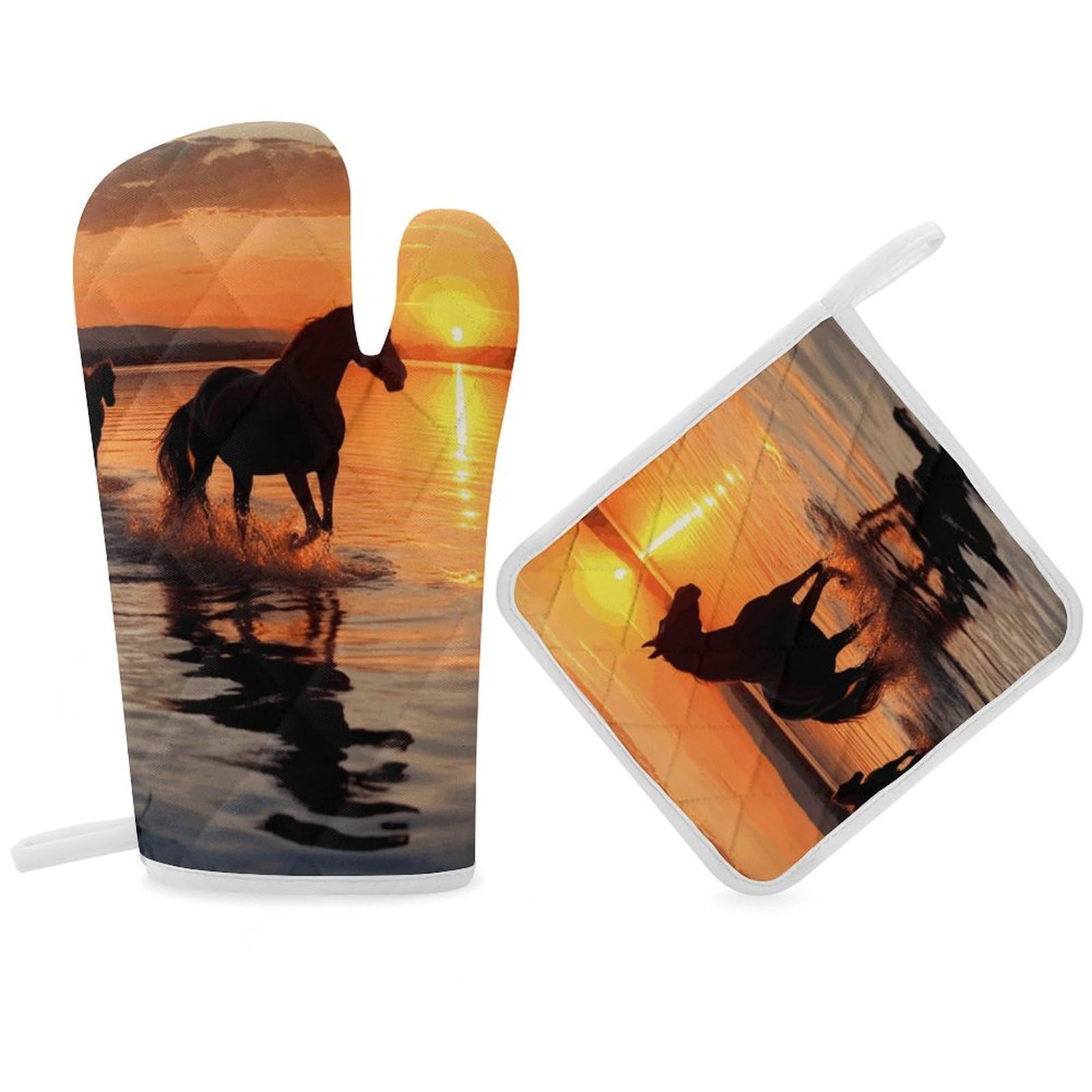 Sunsets Lake Horses Oven Mitt Thick Substantial Heat Insulation Gloves Soft Skin-Friendly Temperature Resistant Oven Mitts for Cooking Lover Cooks