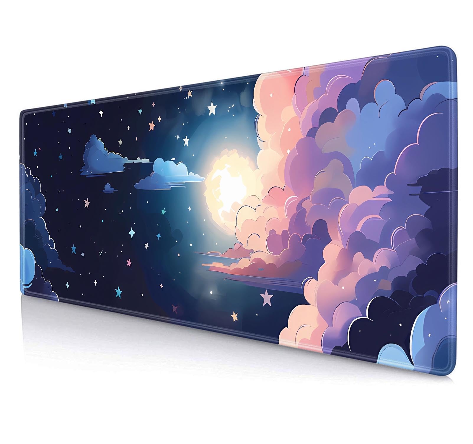 Blue and Purple Clouds Extended Mouse Pad XL,Moon and Star in Night Sky Desk Mat, Non Slip Rubber Base Stitched Edge Gaming Pc Desktop Large Mice Pad,