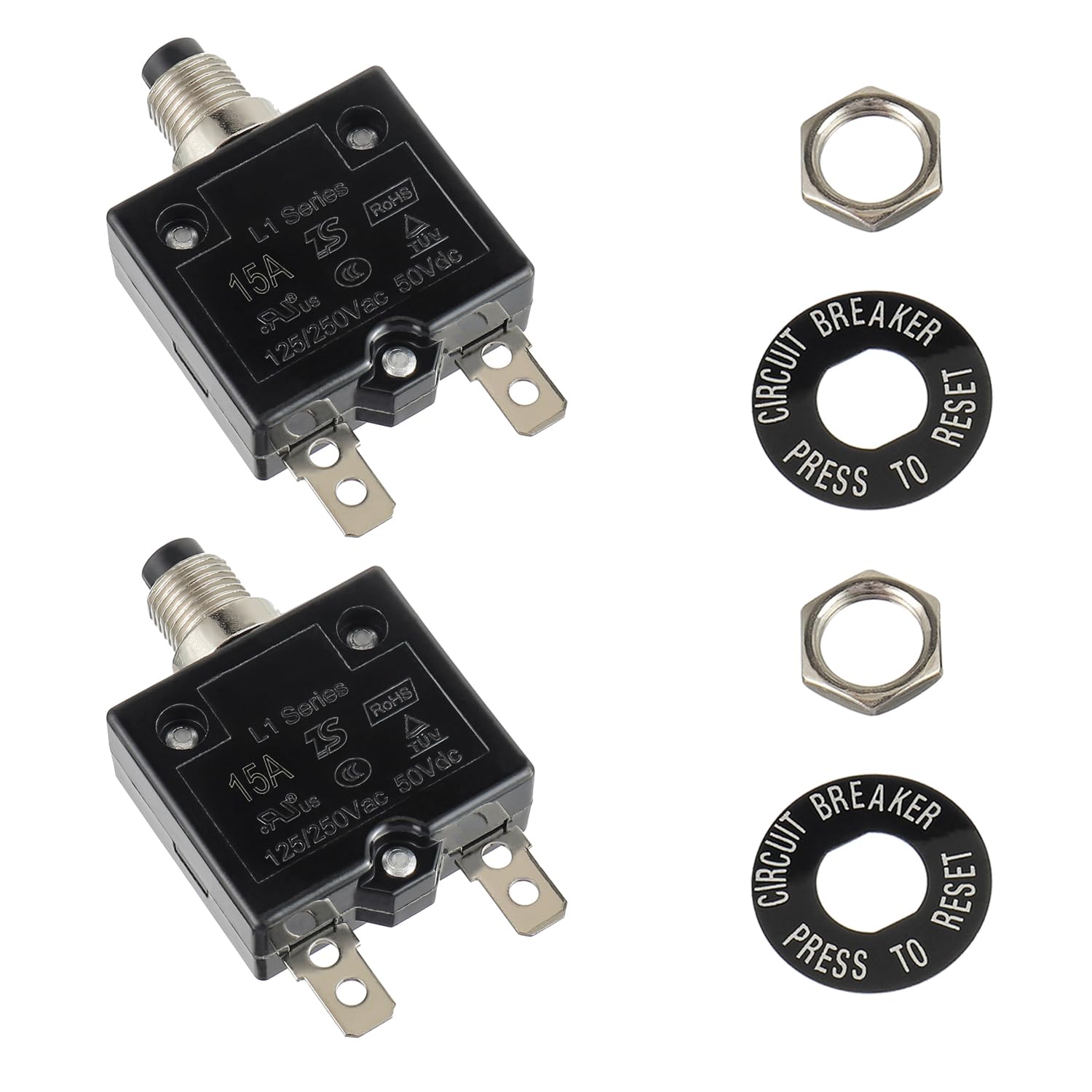 15 Amp Push Button Circuit Breaker 125-250V AC 50V DC