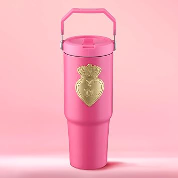 Juicy Couture 30oz Flip Flow Stainless Steel Tumbler With Flip Straw and Carry Handle, Hot Pink 3D Gold Logo