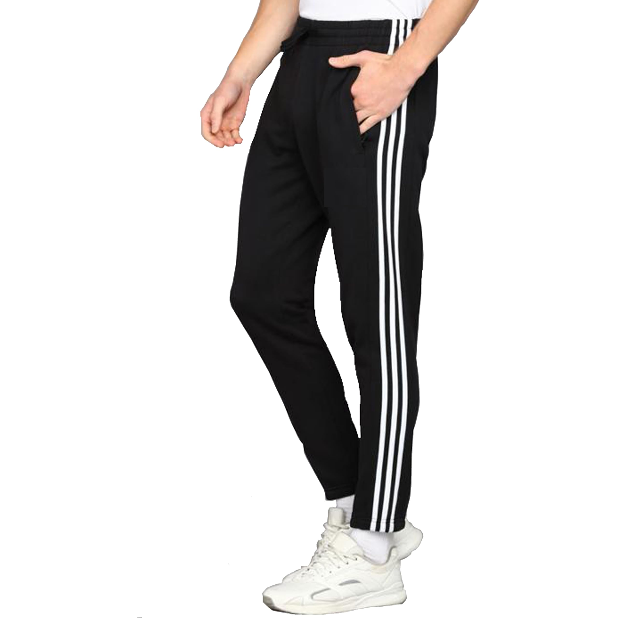 Men's Black Track Pants with Side Stripes, Drawstring Waist-picture-46