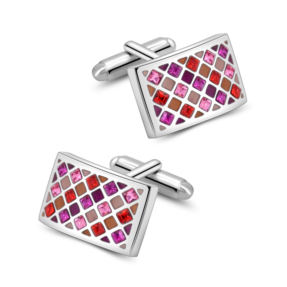 Mr.Van Mens Cufflinks Rhodium-Plated Brass with Crystals - 20x13mm Rectangular Design - Includes Velvet Gift Pouch