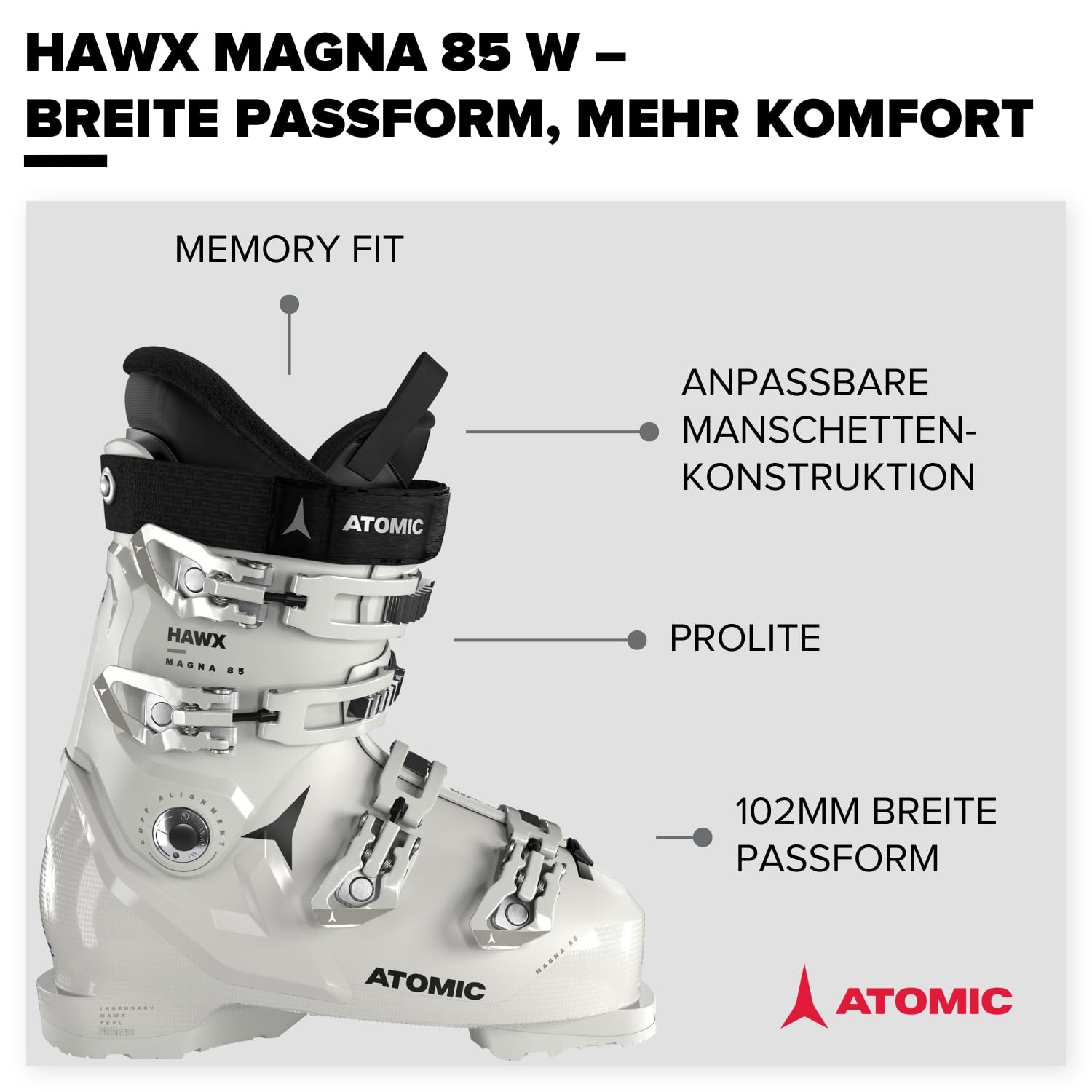 ATOMIC Hawx Magna 85W Skischuhe - Alpin-Skischuh für Damen in Schwarz/Denim/Silber - 102mm breite Passform - Stabile Prolite Konstruktion - Memory Fit für präzisen Sitz