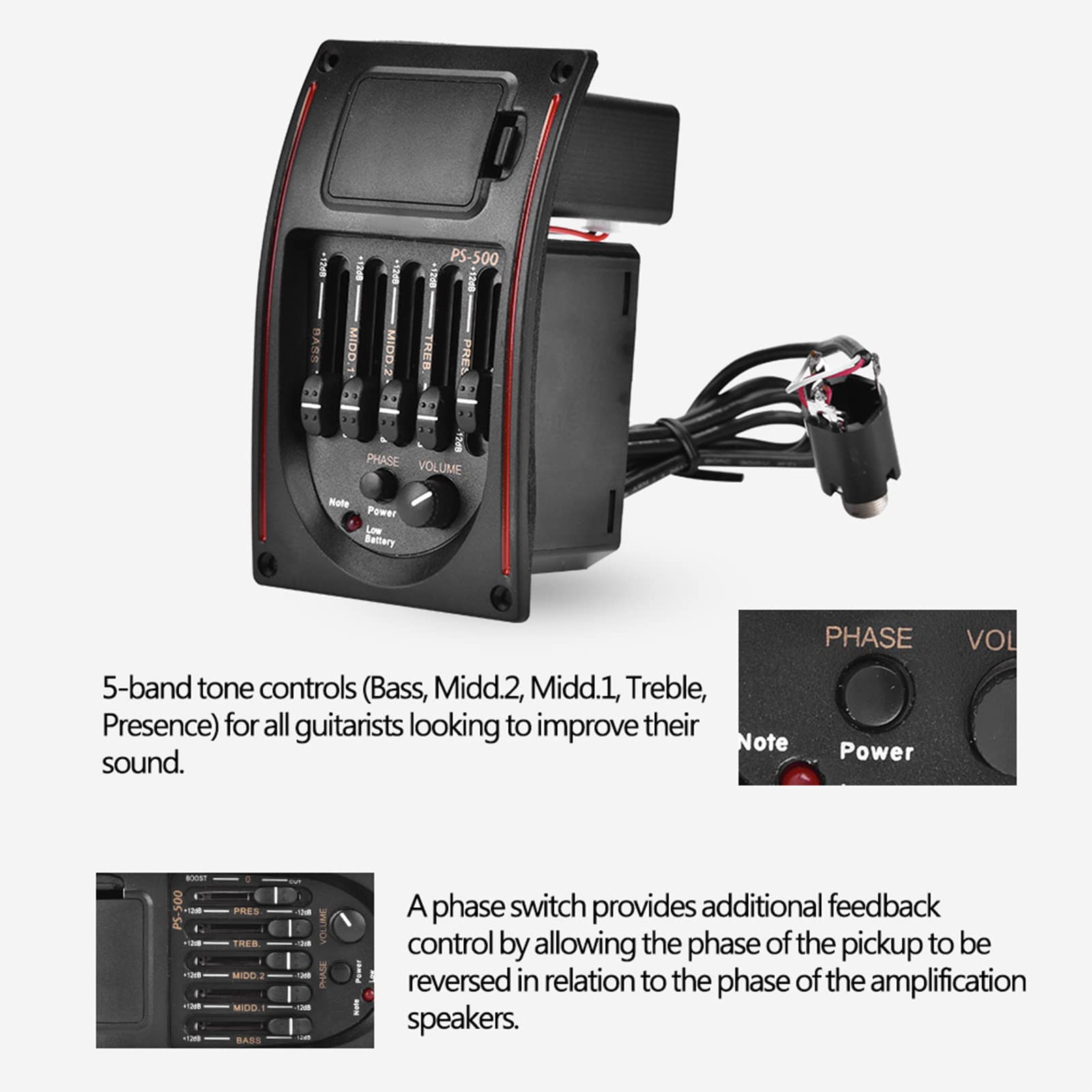 EQ Gitarren-Equalizer PS-500 5-Band-Equalizer Akustikgitarren-Equalizer-Tuner Digitaler Tonabnehmer für Akustikgitarre Zubehör für Musikinstrumente