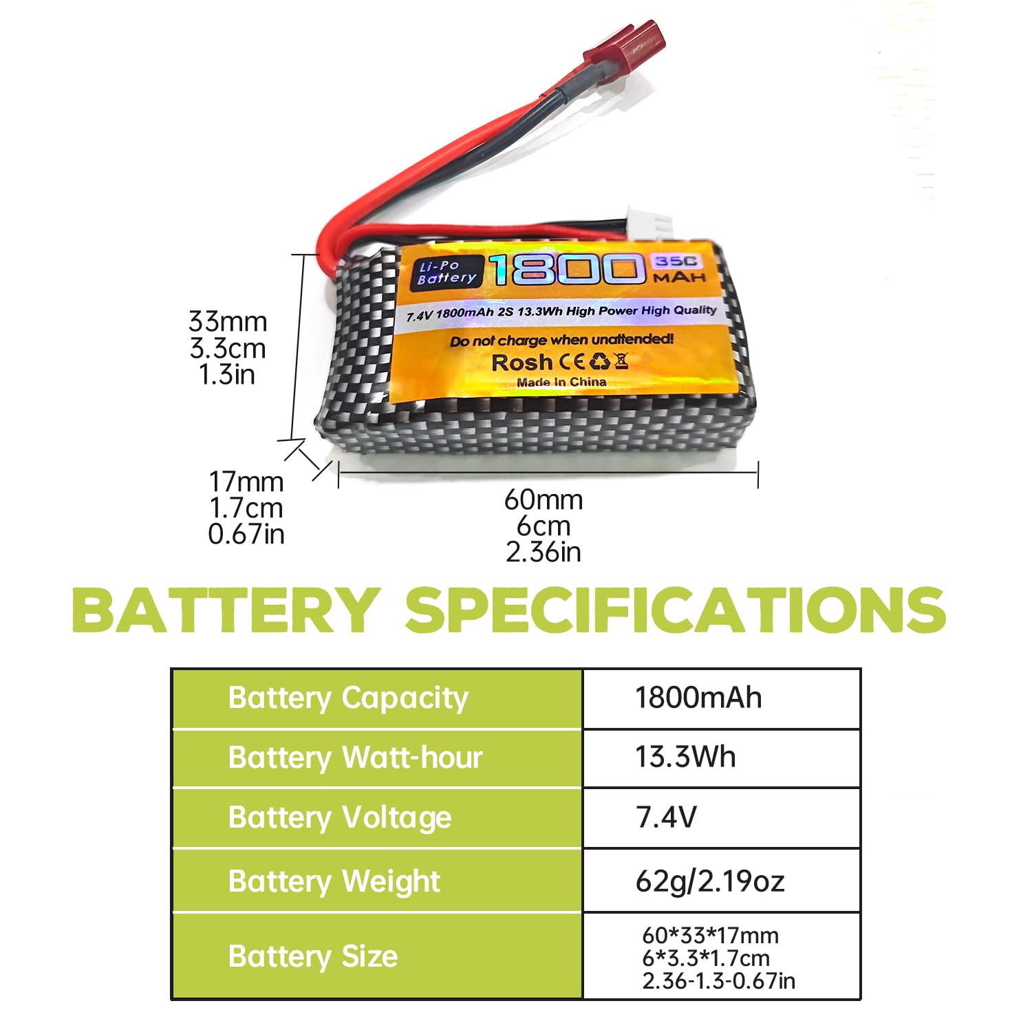 Lot de 2 batteries Li-ion 7,4 V 35 C 1800 mAh pour WLTYOS K929-B A959-B 12401 12402 12403 12404 12423 12428 144001 1/18 1/14 1/12 jouet télécommandé. Batterie de voiture