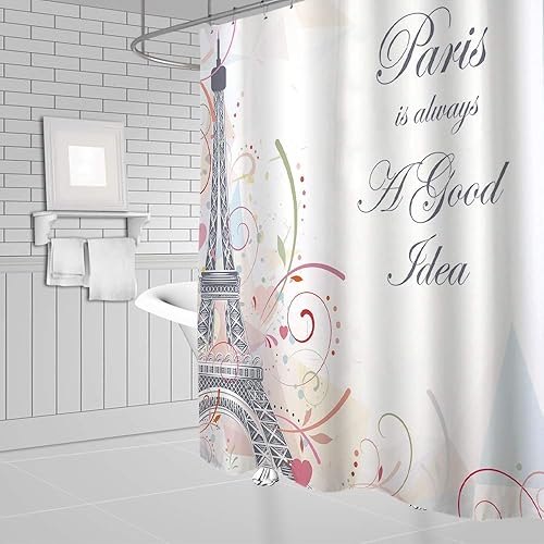 Cortina de ducha de la Torre Eiffel de París, estilo vintage, diseño abstracto de la torre Eiffel de París, flor rosa, Francia, amante de la ciudad,