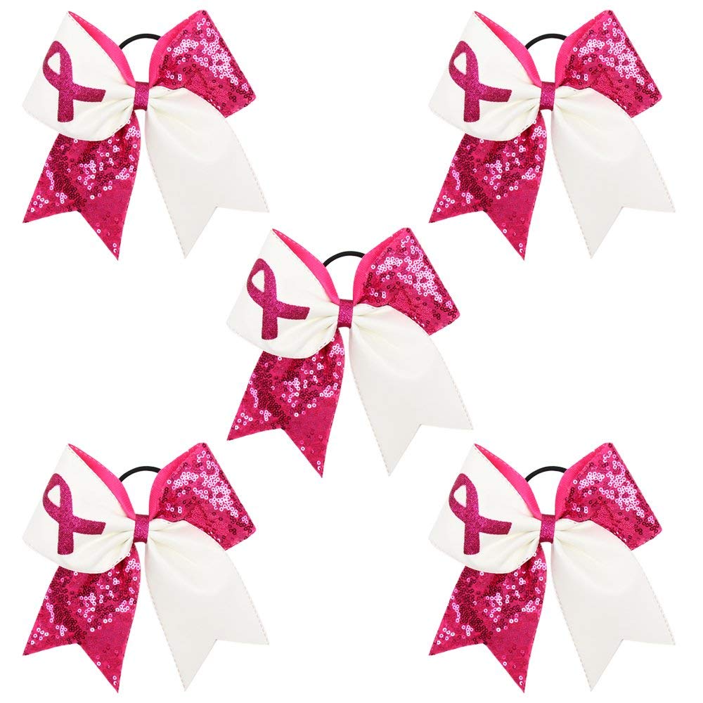 Breast Cancer Awareness Cheer Bow Glitter Hair Tie Ponytail Holder for Baby Girls Set - Multicoloured - 7"