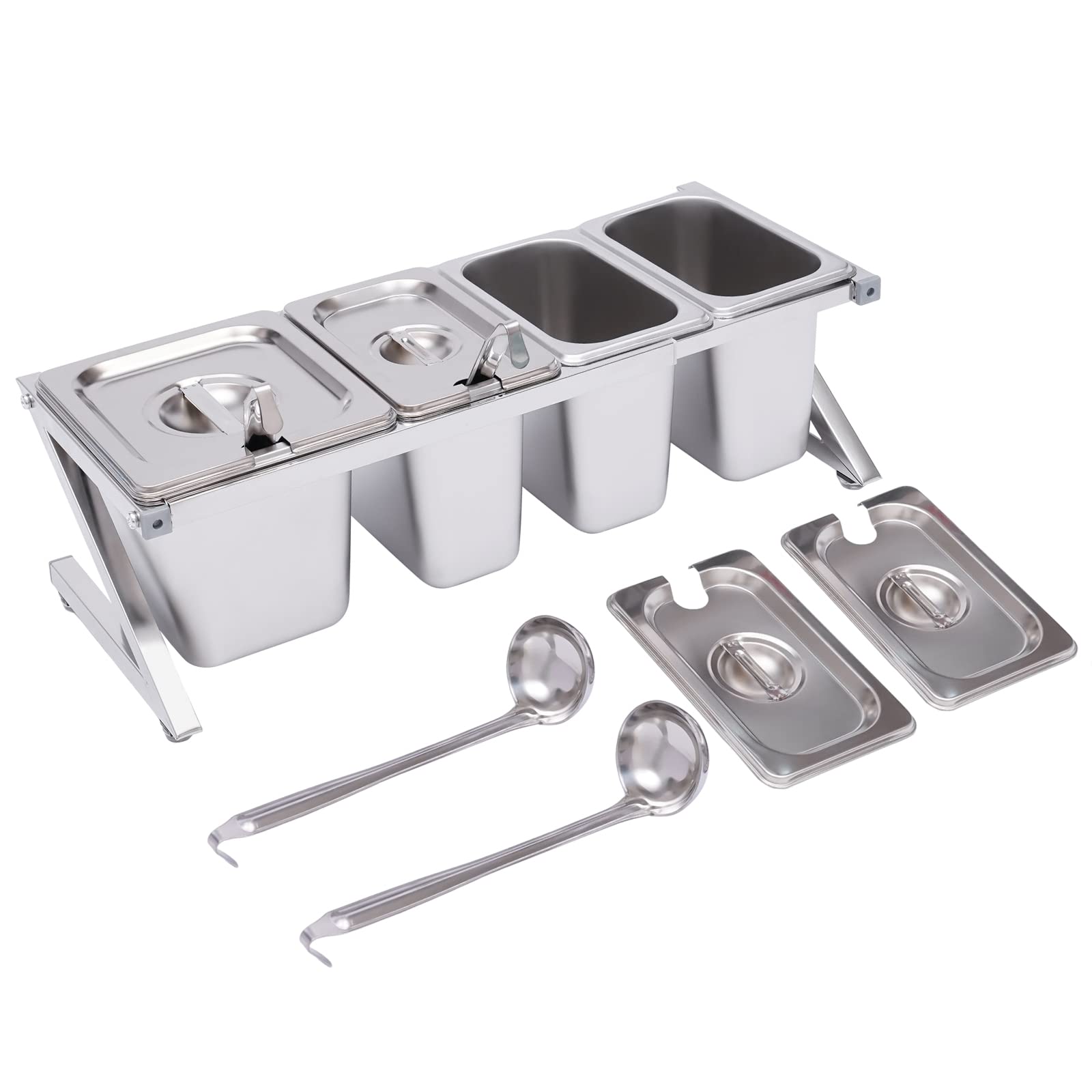 Especiero extensible ajustable – Estante de acero inoxidable de 14.1 a 23.6 pulgadas con sartenes de 3 x 1/9 y 1 x 1/6 y 4 cucharones – Soporte ideal para encimera para salsas, ingredientes y frutas