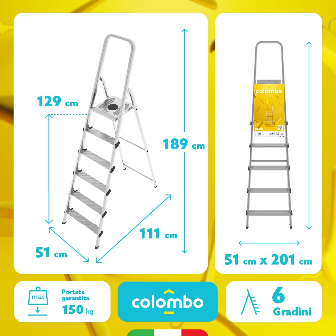 Colombo Scala Alluminio e Acciaio Stark 4/5/6 Gradini | Scala 6 Gradini Senza Rivetto | Conforme EN131 TÜV-GS | Portata 150kg | Made in Italy