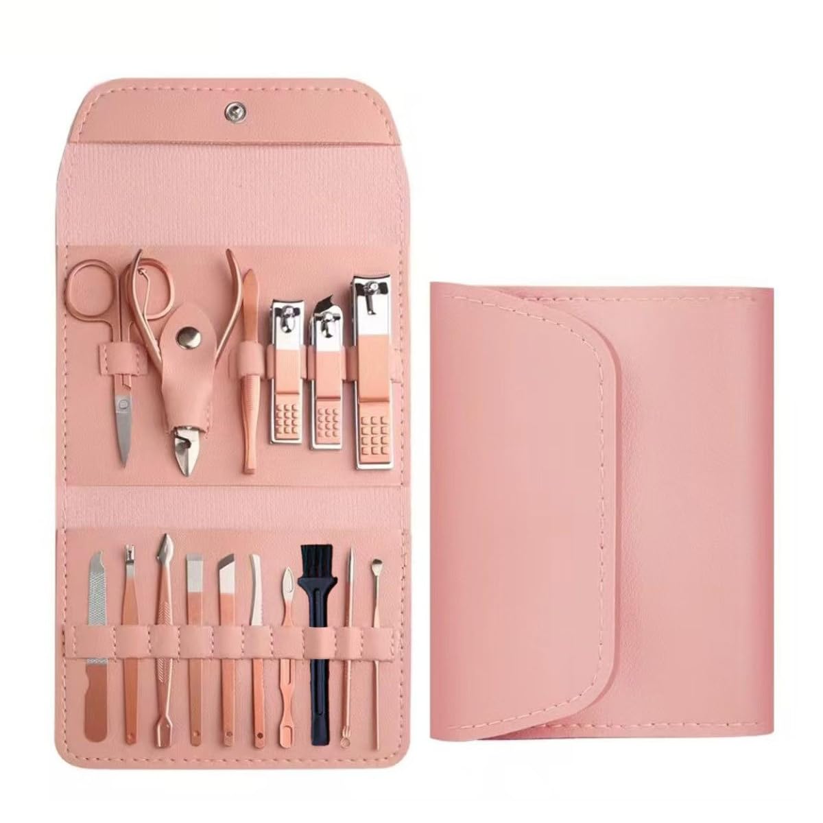 Kit Manicure e Pedicure 16 Peças Aço Inoxidável com Estojo (Rosa)