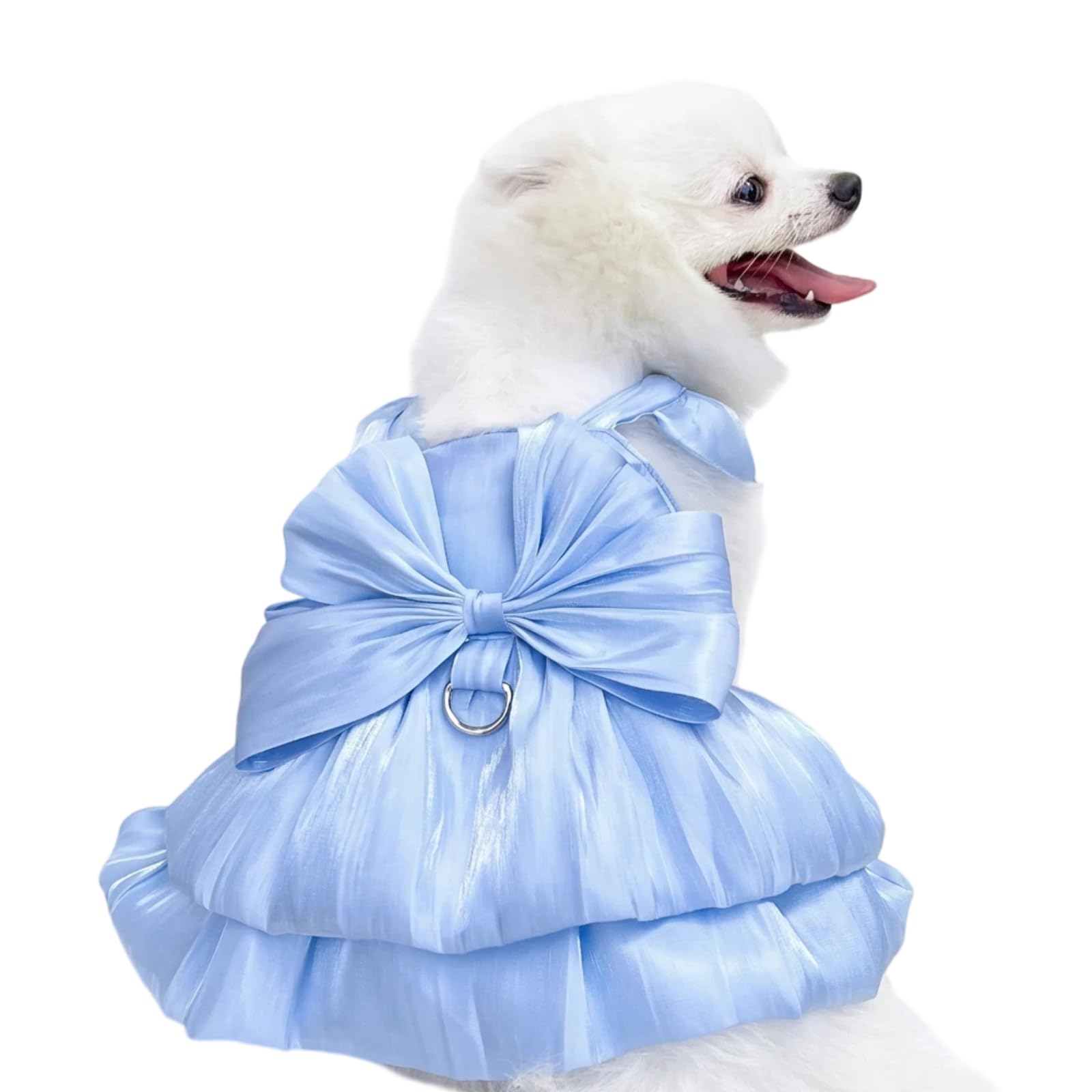 Cute Princess Dog Dress for Small Dogs & Cats, Pet Dress with D-Ring & Large Bow, Fancy Puppy Outfit for Wedding Birthday Party, Pink Blue White, S-XXL (Blue, S)