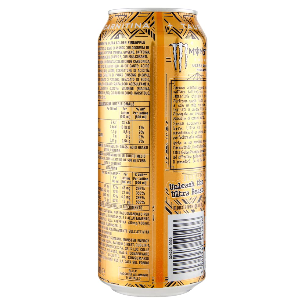 Italian Gourmet Energy Zero Ultra Gold bevanda energetica 48 x 500ml Ananas | Ohne Zucker, gusto tropicale frizzante, Dose für Party, Sport, Arbeit und, Gesamtnettogewicht 24 L + Kostenlos Polpa 400g