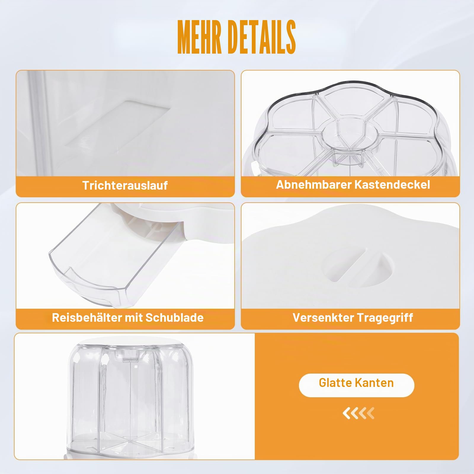 6 In 1 Rotierender Getreidespender Reisspender 360° drehbarer transparenter Getreidebehälter versiegelte Aufbewahrungsbox für Reis Soja und Roten Bohnen (12.5kg)
