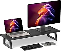 TEAMIX 31.5 Inch Dual Monitor Riser Stand - Extra Long Black Wood Steel TV Riser for 2 Monitors, 150 lbs Capacity Desk Organizer