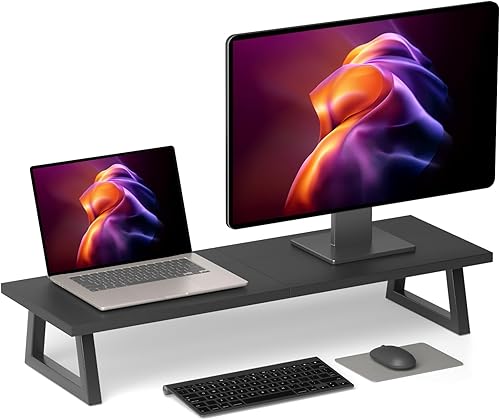 Miniatura 10 de TEAMIX Elevador de monitor doble de 31.5 pulgadas, soporte de TV ancho para 2 monitores, elevador de escritorio de madera y acero para organización