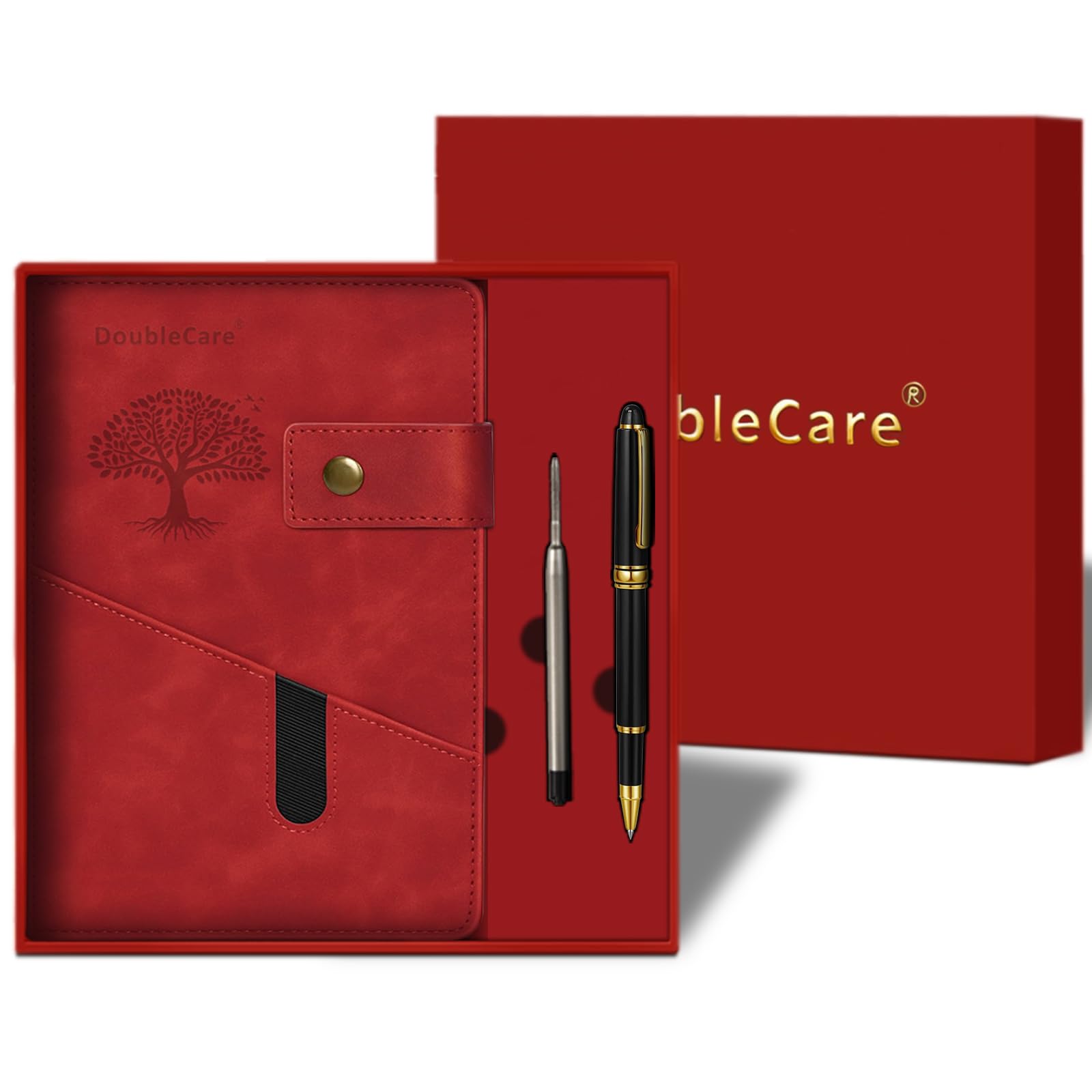 A5 Notebook Lined Journal with Divider, 300-Page Hardcover Leather Journal with Pockets, 100gsm Thick Notepad, Ruled Notebook with Pen & Gift Box School, Office, Business Travel, for Men Women（Red）