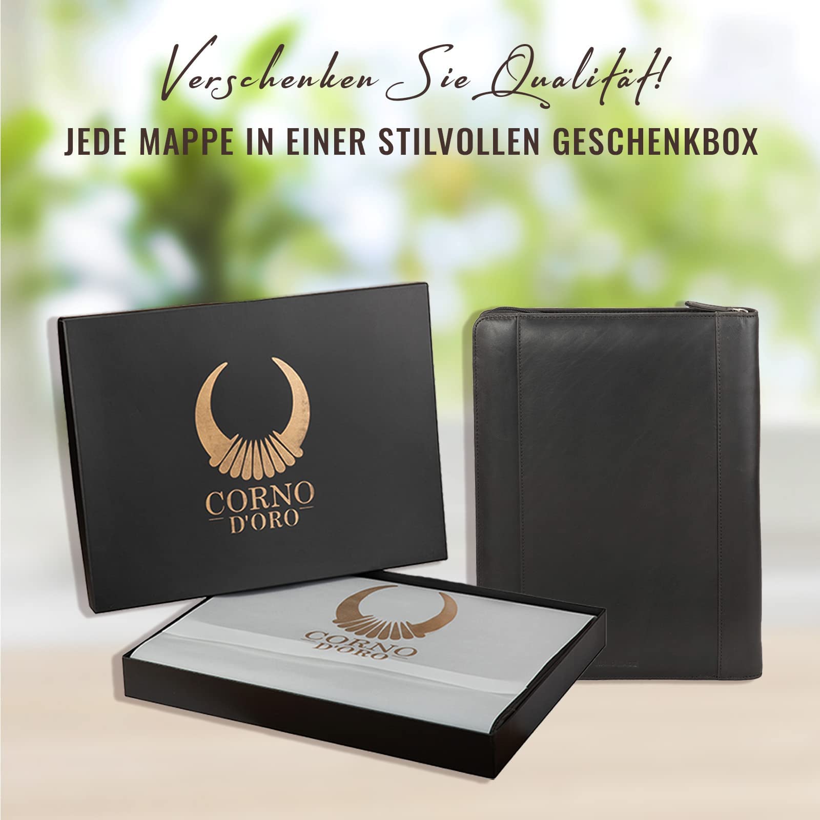 Corno d´Oro Schreibmappe A4 12 Zoll Fach für iPad Tablet I RFID Konferenzmappe Leder mit Reißverschluss I Business Aktenmappe Damen Herren schwarz