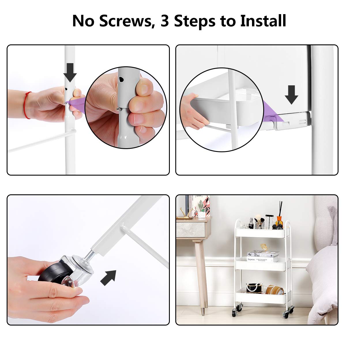 YEAKOO 3Tier Kitchen Storage Trolleys, Utility Rolling Cart Storage