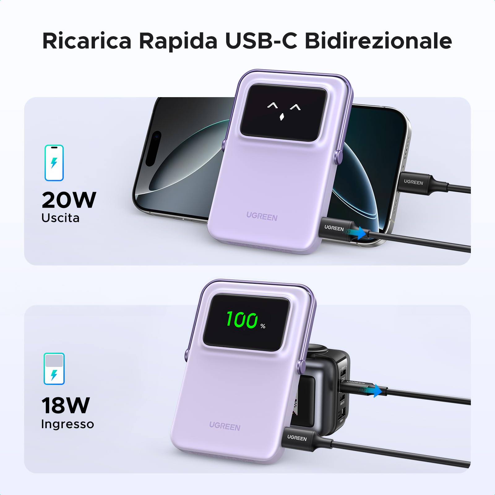 UGREEN Uno Power Bank Magnetico 5000mAh, Caricatore Portatile Wireless PD 20W con Display e Supporto, Compatibile con iPhone 16/15/14/13/12 Mini Plus Pro Max (Viola)