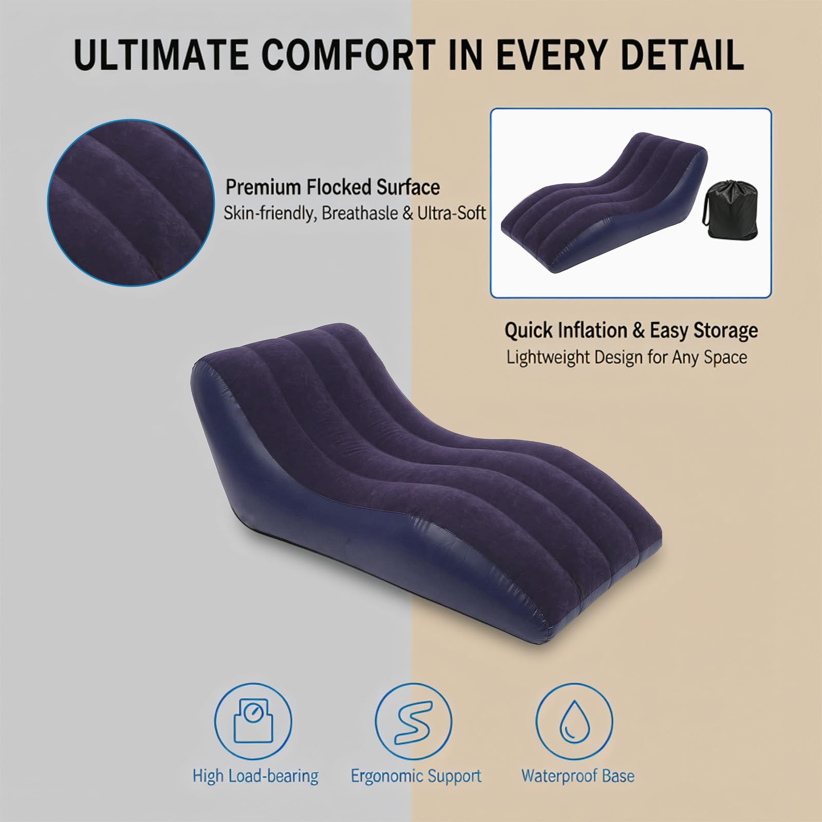 Sofá hinchable, sofá hinchable con bomba de pie, sofá de camping portátil, superficie flocada, sofá impermeable hinchable para exteriores, interior, piscina (azul)